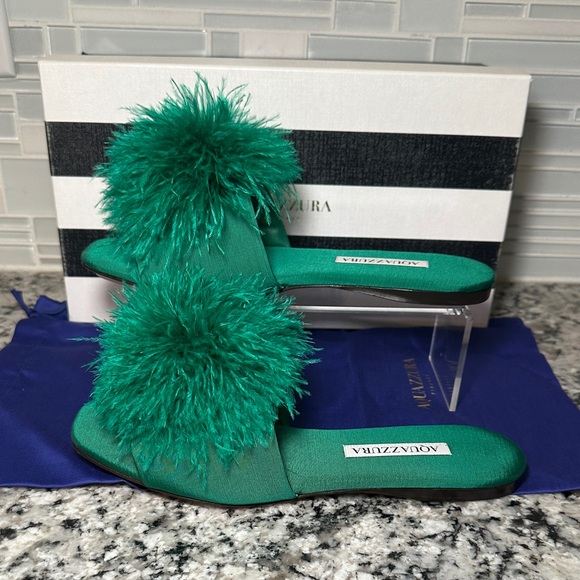 Aquazzura Boudoir Feathered Jasmine Green Slide Slippers - 37.5
